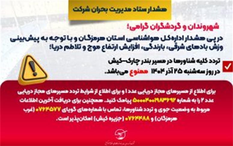 ممنوعیت تردد شناورها در مسیر چارک–کیش به دلیل شرایط نامساعد جوی