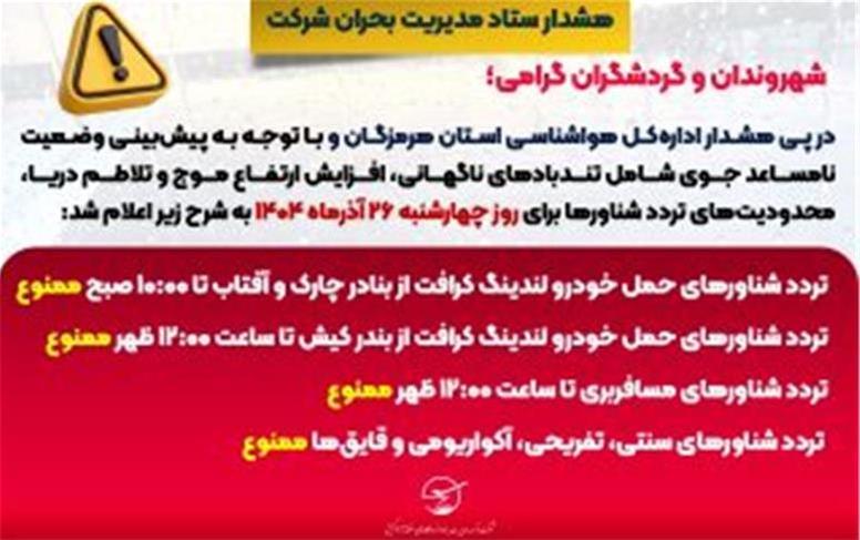 هشدار دریایی در هرمزگان: فعالیت شناورها تا ظهر چهارشنبه ممنوع شد